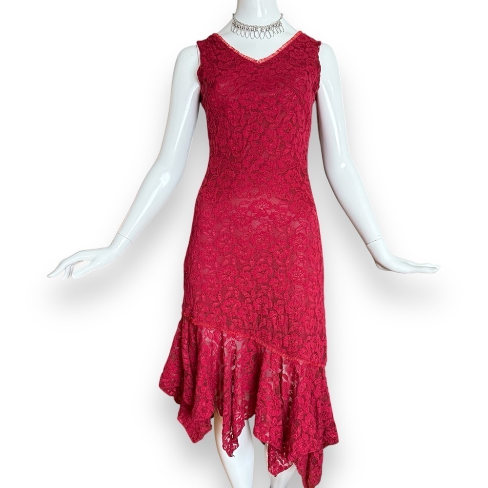 Vintage 90s Red Lace Ruffle Midi Dress With Asymmetrical Hem Size S